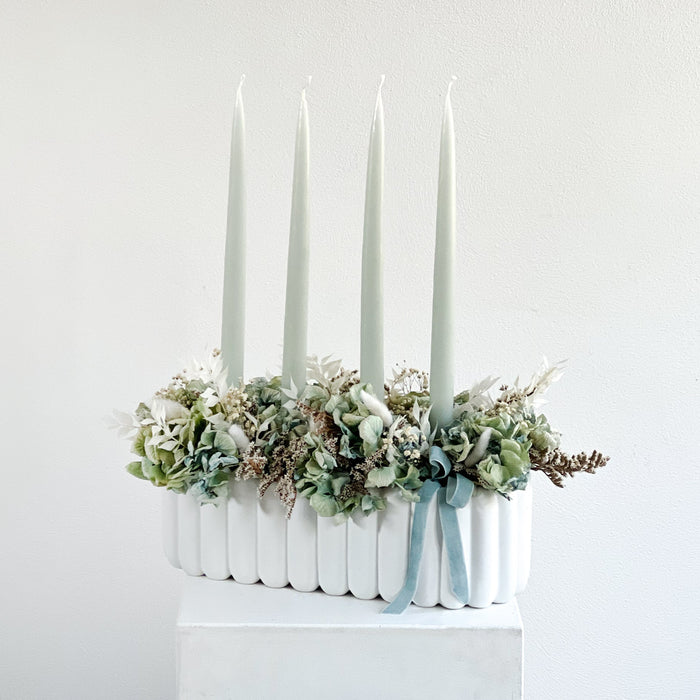 Adventsgesteck Hortensien grün blau aqua