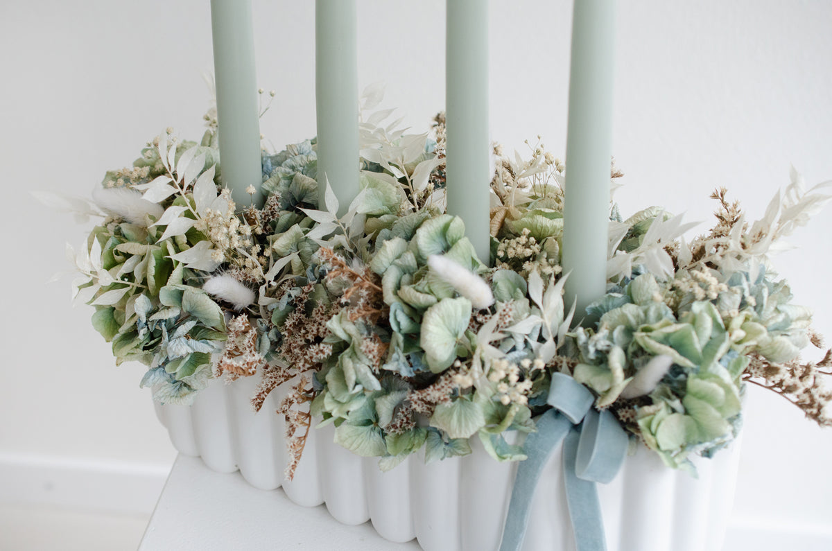 Adventsschale mit Hortensien | aqua